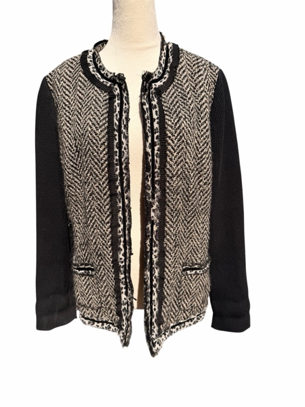 Chico’s Size 3 (XL) Black & Cream Tweed-Front Open Cardigan